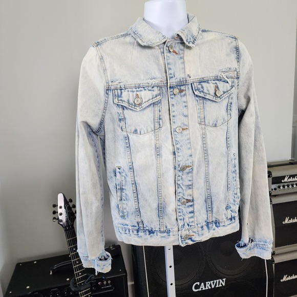 Aeropostale Denim Jacket Men M Light Acid Wash Thrashed Distressed Y2K Grunge - Picture 2 of 16